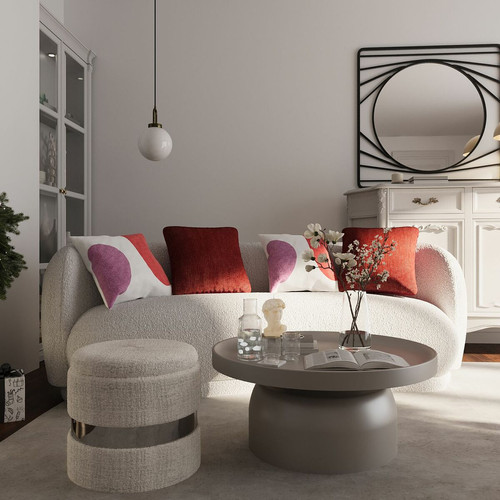 Pouf rond avec rangement en tissu et en métal Capucine gris clair  - POTIRON PARIS - Salon meuble deco