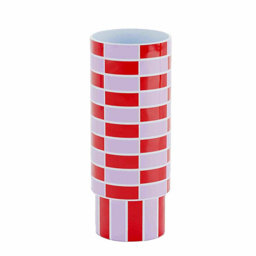 Vase tube à motif damier en céramique Sofia rouge  POTIRON PARIS  - Objet deco design