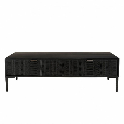 Table basse en manguier avec 2 tiroirs sculptés et pieds métal GLORIA noire Macabane  - Table basse noir design