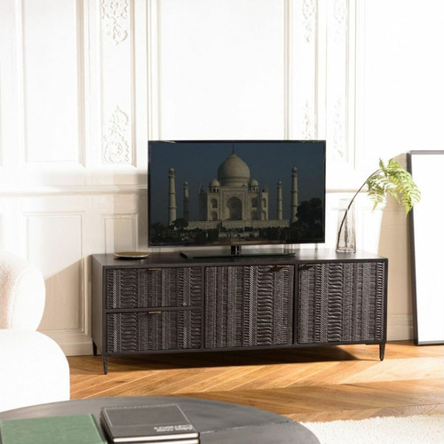 Meuble TV en bois de manguier avec 2 portes et 2 tiroirs sculptés GLORIA noir