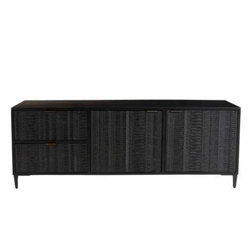 Meuble TV en bois de manguier avec 2 portes et 2 tiroirs sculptés GLORIA noir Macabane  - Meuble tv noir design