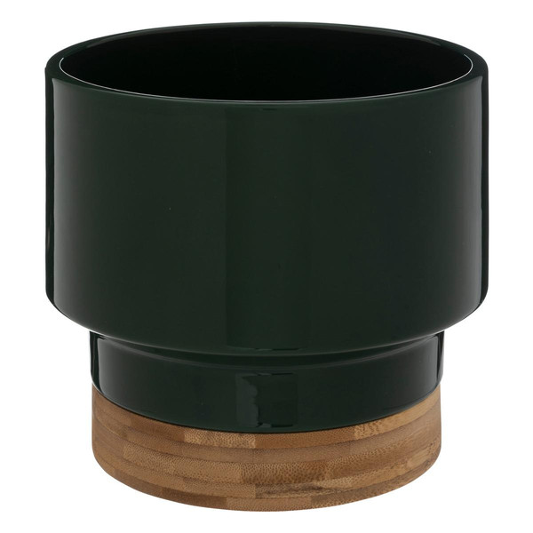 Cache-pot  H16cm vert foncé  en céramique & bambou "Le collectionneur"