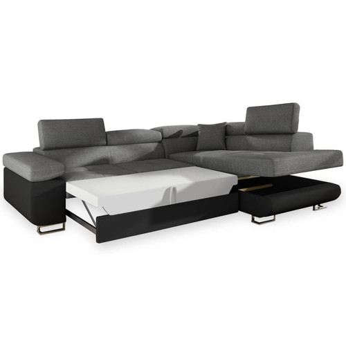 Canapé d'angle convertible Antoni avec têtières relevables Simili Noir et Tissu Gris foncé - 3S. x Home - Salon meuble deco