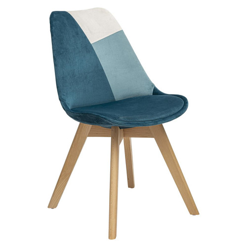 Chaise "Baya" patchwork bleu canard pieds en hêtre