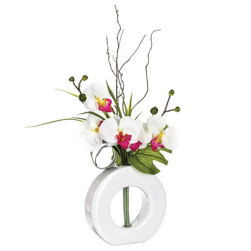 Composition d'orchidées avec vase céramique H44 blanc