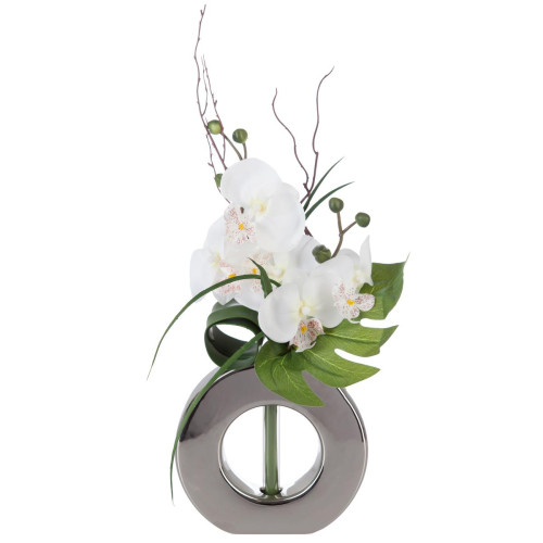 Composition orchidées et Vase argent rose