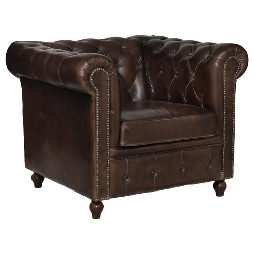 Fauteuil "Chester" marron en cuir 3S. x Home  - Pouf et fauteuil design