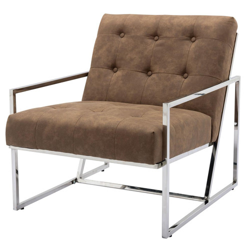 fauteuil lounge en micro vintage marron et métal finition inox