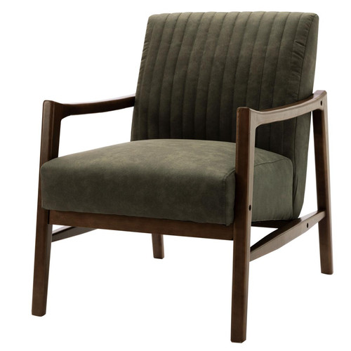 fauteuil lounge en microfibre vintage Army et bois teinté noyer - Fauteuil vert design