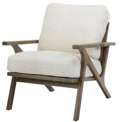 fauteuil lounge en tissu bouclette écru et bois patiné - 3S. x Home - Salon scandinave
