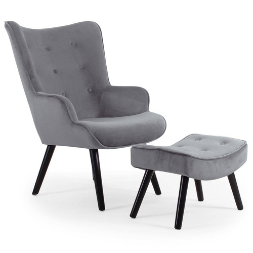 Fauteuil scandinave + pouf Velours Gris Lylou 3S. x Home  - Pouf et fauteuil design