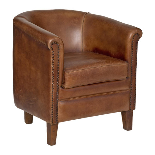 Fauteuil "Valam" marron cognac en cuir 3S. x Home  - Pouf et fauteuil design