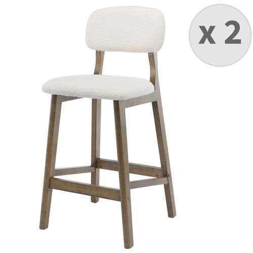 lot de 2 chaises de bar en tissu bouclette Ecru et bois teinté noyer - Tabouret de bar blanc design