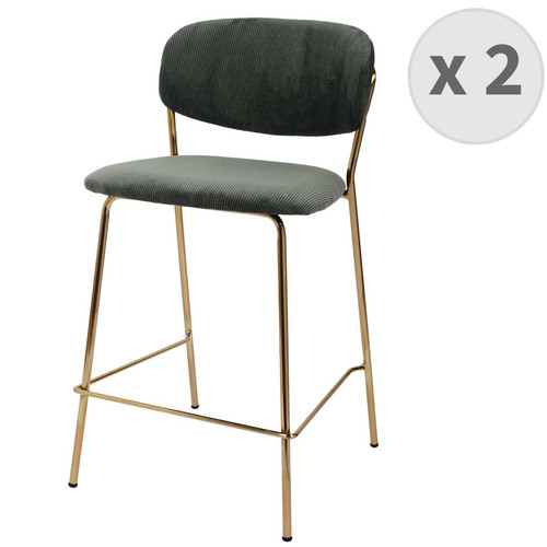 lot de 2 chaises de bar en tissu cotelé Sauge et métal doré brossé 3S. x Home  - Tabouret bar