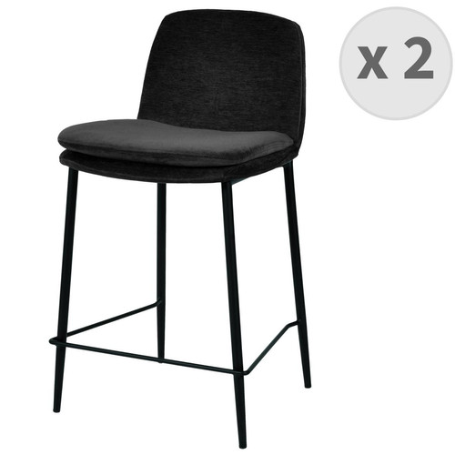 lot de 2 chaises de bar tissu chenillé Noir et métal noir mat