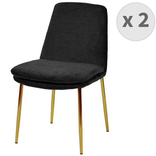 lot de 2 chaises en tissu chenillé Noir et métal doré finition brossé