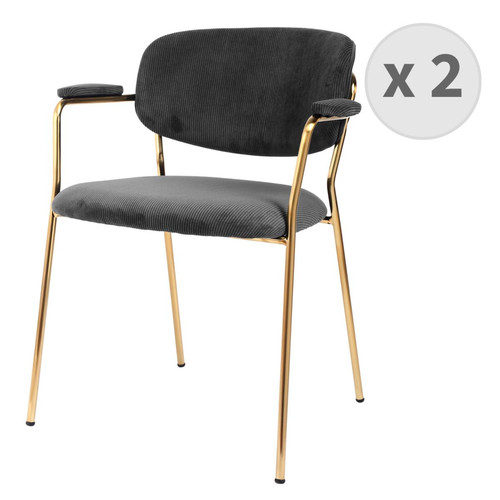 lot de 2 chaises avec accoudoir en tissu côtelé Carbone et métal doré brossé  - 3S. x Home - Chaise design