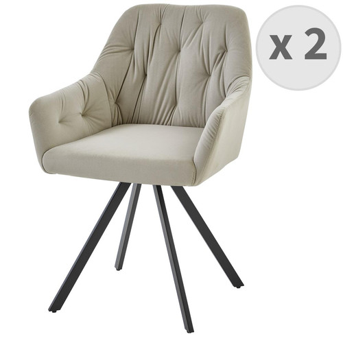 lot de 2 fauteuils de table en velours coloris Lin et pieds métal noir - Fauteuil design beige