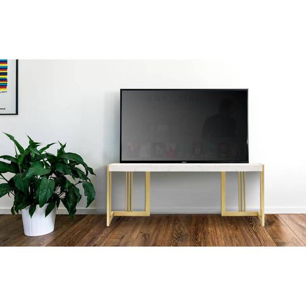 Meuble TV design 140cm Marbre Blanc et pieds Métal Or Locaro