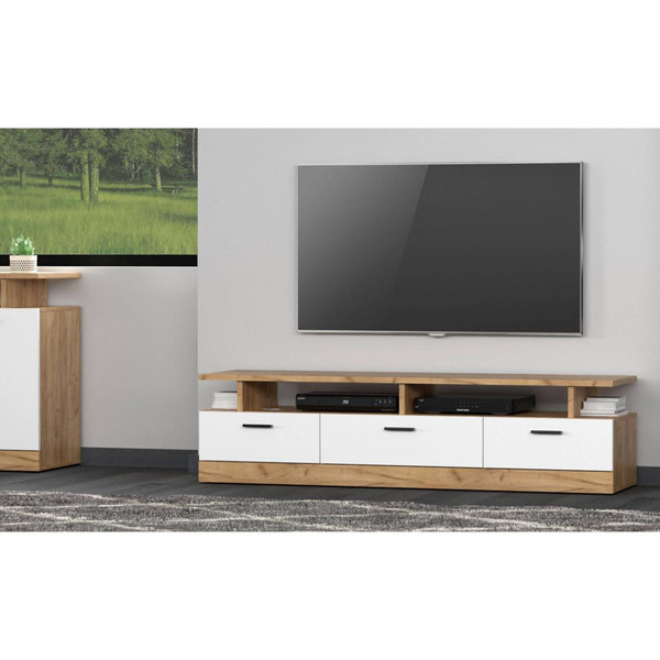 Meuble tv moderne 3 tiroirs L165cm Blanc et Chêne doré Doresse