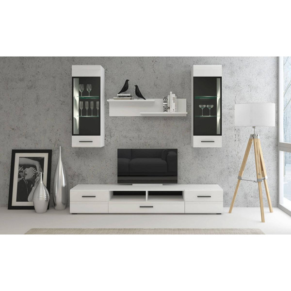 Meuble TV moderne avec tiroir et 2 portes L200cm Blanc brillant Biancom