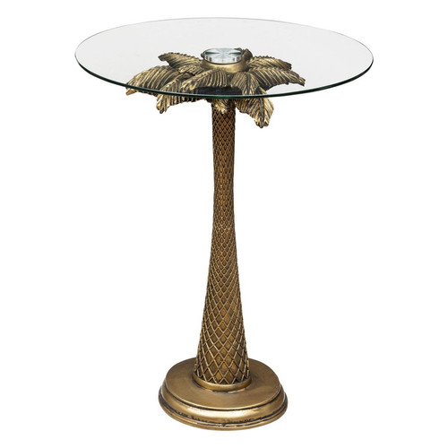 Table à café D40cm doré en résine & verre trempé  "Palm"  3S. x Home  - Table d appoint design