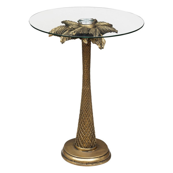 Table à café D40cm doré en résine & verre trempé  "Palm"