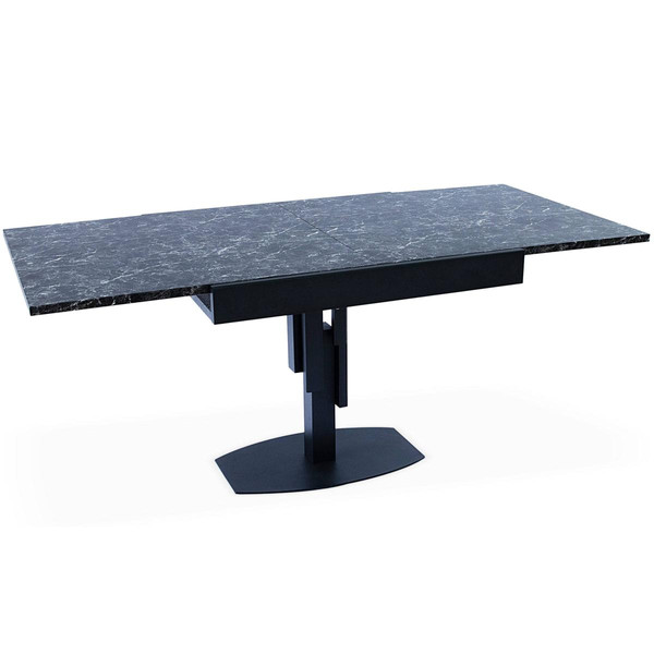 Table design carrée extensible 180cm pied central Métal Noir et Effet Marbre noir Mealane