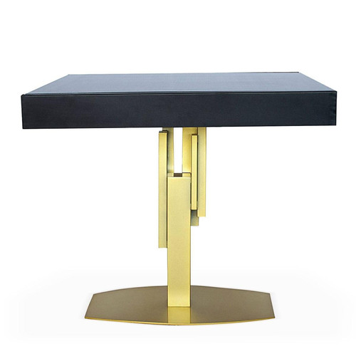 Table design carrée extensible 180cm Mealane pied central Or et Bois Noir - Table a manger design
