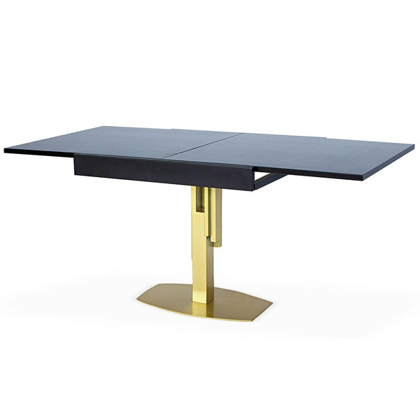 Table design carrée extensible 180cm Mealane pied central Or et Bois Noir