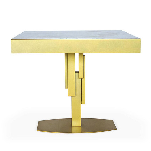 Table design carrée extensible 180cm Mealane pied central Or et Effet Marbre blanc - Table a manger design