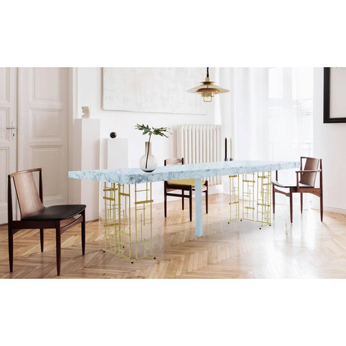 Table extensible L90-240cm style graphique Métal Or et Bois Effet Marbre blanc Melvine
