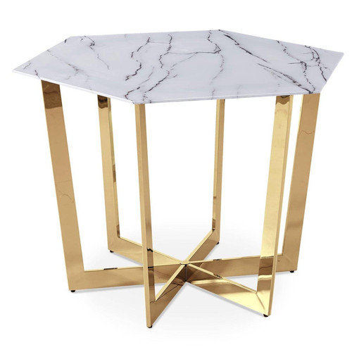 Table hexagonale 120cm Zadig Verre Effet marbre blanc et pied Métal Or