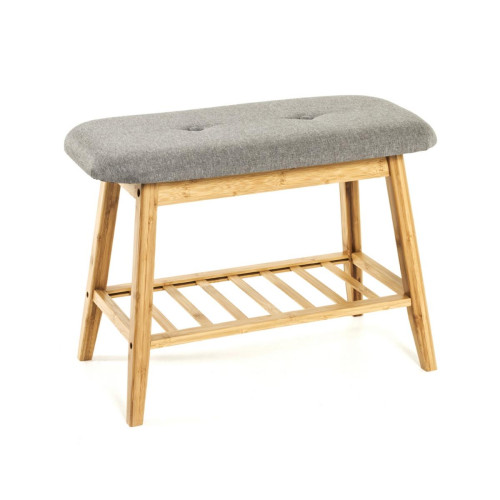 Banc en bambou nature avec 1 compartiment  et assise rembourrée recouvert de tissu Gris - 3S. x Home - Chaise design et tabouret design