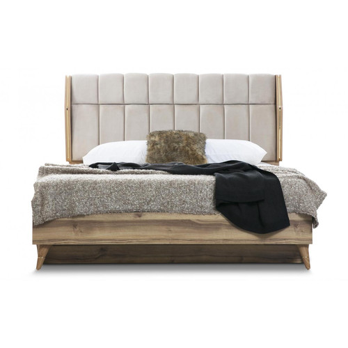 Lit-coffre complet avec tête de lit et sommier 160cm MANYAS Chêne clair et Velours Beige - Lit design et ensemble literie