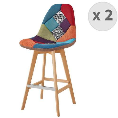 Lot De 2 Tabourets Scandinave Tissu Patchwork Rouge, pieds en Hêtre 3S. x Home  - Chaise design et tabouret design