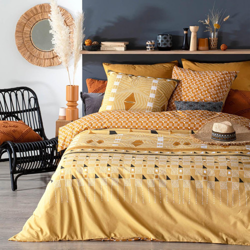 Parure de lit imprimée 240x220 cm jaune ocre percale  "Kacang" - 3S. x Home - Edition Authentique Chambre Lit