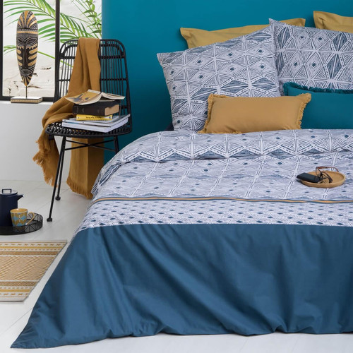 Parure de lit imprimée 240x220 cm percale, bleu,  "Tihora" - 3S. x Home - Edition Authentique Chambre Lit