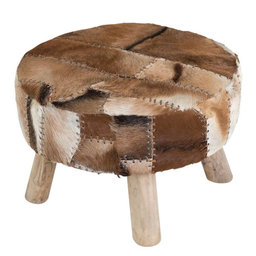 Pouf rond peau de chèvre patchwork - 3S. x Home - Pouf et fauteuil design