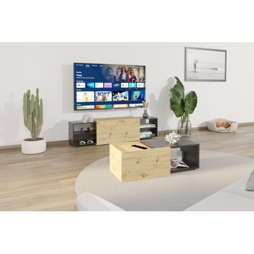 Meuble TV SLIDE 3 anthracite et naturel coulissant 3S. x Home  - Meuble tv design bois