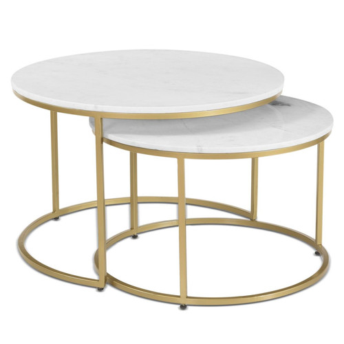 Table basse ronde DIAPANO Or et Pierre effet marbre Blanc - Table basse