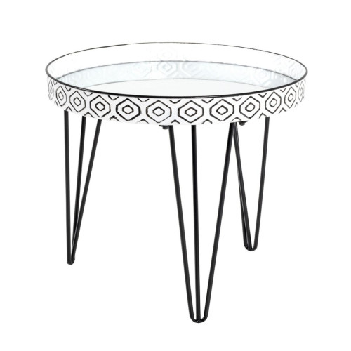Table basse avec structure en tube d'Acier Noir et plateau en Métal laqué Blanc-noir et verre miroir