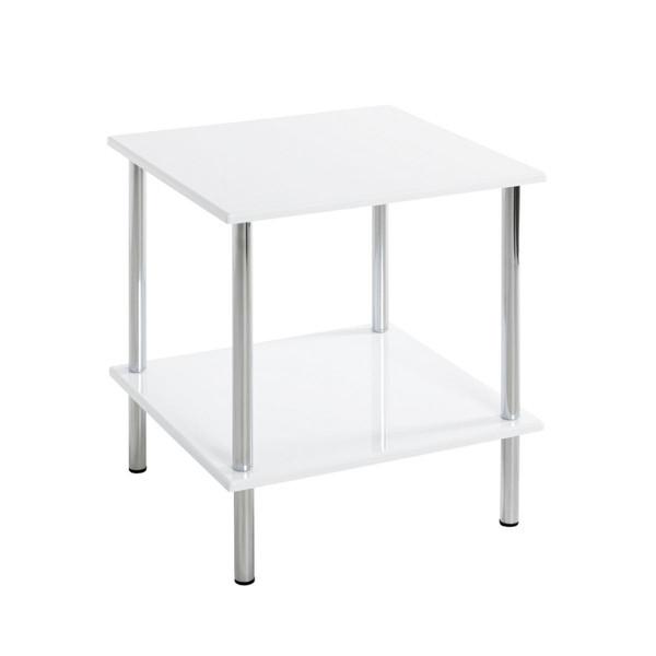 Table d'appoint carré avec Structure en tube d'acier chromé et plateau en MDF décor Blanc brillant