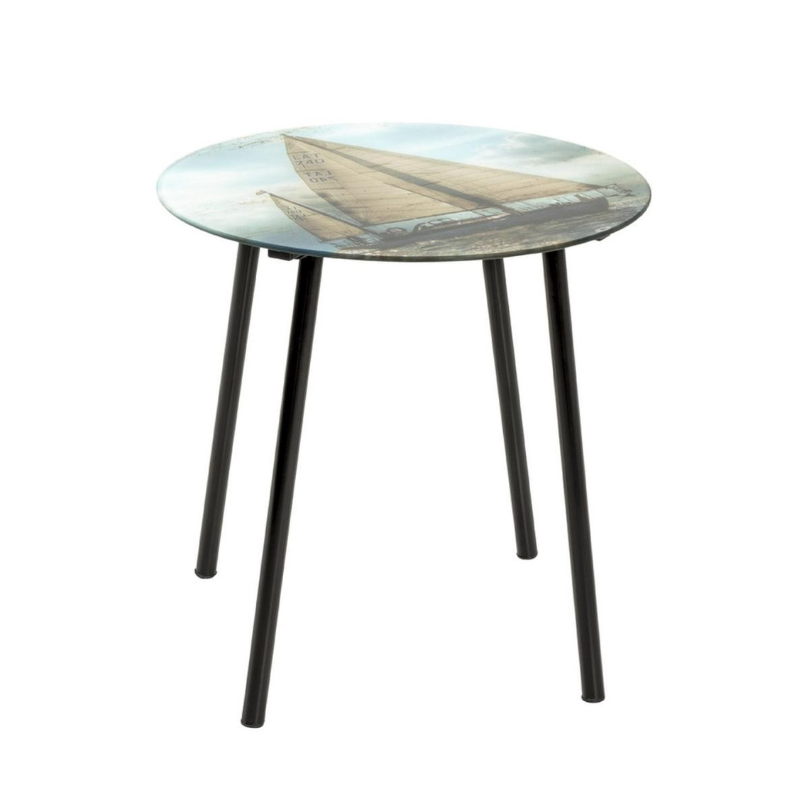 table d'appoint avec plateau en verre trempé avec impression motif bateau à voiles et  tube d'acier laqué noir