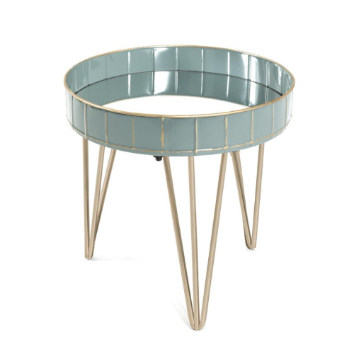 Table d'appoint structure en tube d'acier couleur bronze et plateau en métal laqué gris-bleu avec verre miroir