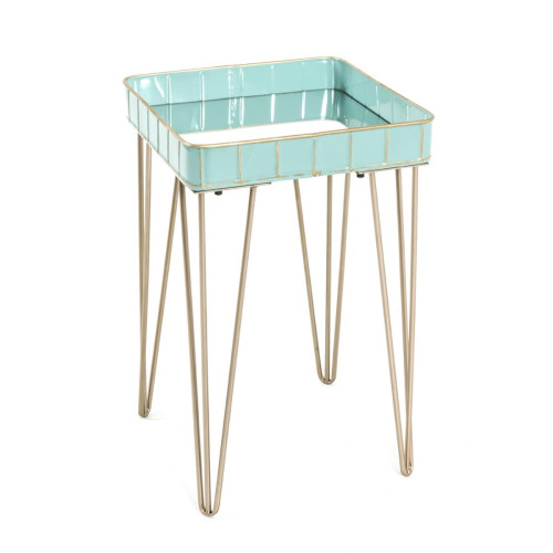 Table d'appoint avec structure en tube d'acier couleur Bronze et plateau en Métal laqué Turquoise avec Verre miroir  - 3S. x Home - 3s x home