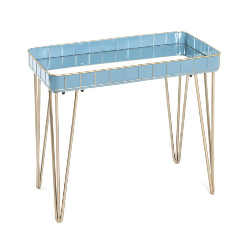 Table d'appoint avec structure en tube d'Acier couleur Or et plateau en métal laqué bleu avec verre miroir  3S. x Home  - Table d appoint metal
