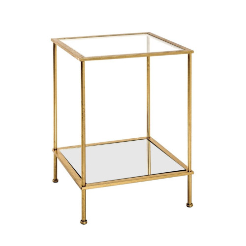 Table d'appoint carré en tube d'acier laqué or avec plateau de dessous en miroir et plateau de dessus en verre trempé transparent