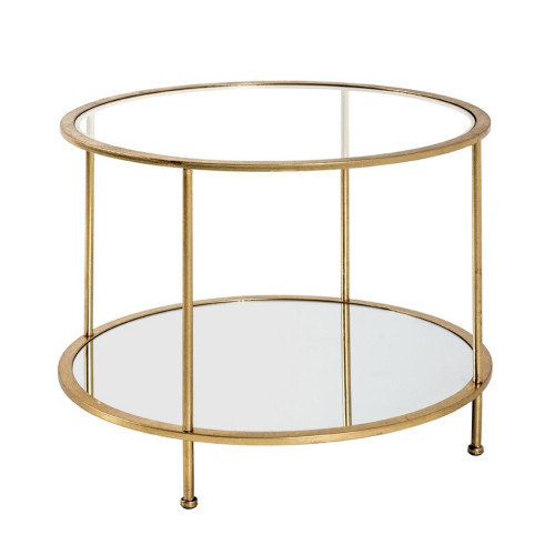 Table d'appoint ronde en tube d'acier laqué or avec plateau de dessous en miroir et plateau de dessus en verre trempé transparent 3S. x Home  - Salon meuble deco