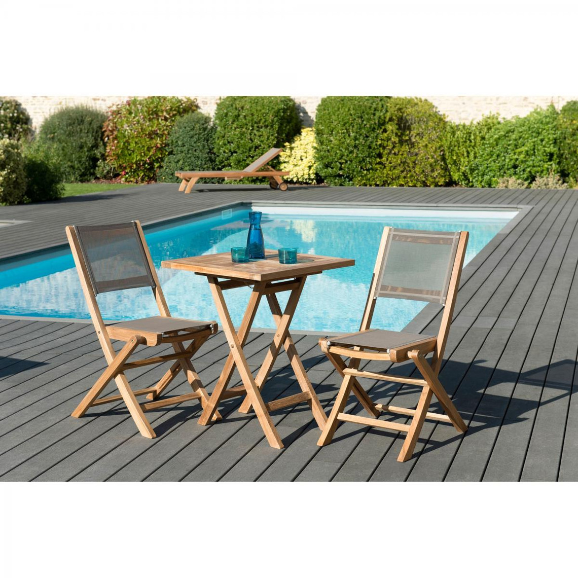 SALON DE JARDIN EN BOIS TECK 2 pers - Ensemble de jardin - 1 Table carrée pliante 60 cm et 2 chaises